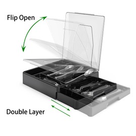 Veimry Double Layer Cutlery Tray with Lid, Utensil Holder for Countertop Cutlery Organiser for Kitchen Drawers with 2-Tier Cutlery Tray and 9 Compartments (Black)