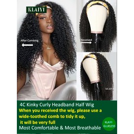 KLAIYI Afro Kinky Curly 3/4 Half Wig Human Hair Glueless Wear and Go Wig with or without Headband Natural Curls Non Lace Front Full Machine Made Ready to Wear Beginner Friendly 12A 180% Density 22Inch