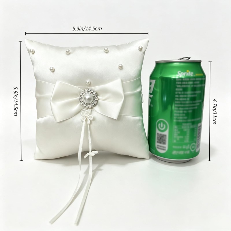 2PC Admireshun Ivory Satin Bow Ring Bearer Pillows, 5.9 Inch