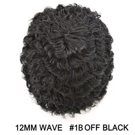 Afro Toupee for Black Men All Poly PU Injected Human Hair Replacement System 12MM Kinky Curly African American Man Hairpiece Hair Units for Black Man Male Hair Wigs 12MM #1B OFF BLACK