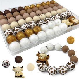 70pcs 15mm Silicone Beads, Bulk Rubber Beads for Keychain Making, Beads for Pen Bracelet Lanyard Making DIY kit - Color: Highland cow