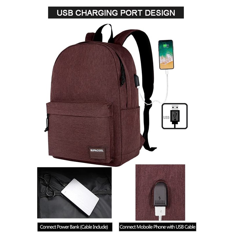 SUPACOOL Lightweight Casual Laptop Backpack with USB Charging Port For