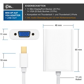 CSL - Full HD Mini DisplayPort to VGA Adapter with Audio Transmission - 3.5 mm Stereo Jack Socket + Micro USB Socket - Compatible with MacBook/Pro/Air/iMac/Mini - Monitor Projector - White