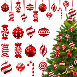 36 Pcs Christmas Candy Hanging Ornaments Wood Christmas Peppermint Lollipop Candy Cane Decorations Red White Tree Ornaments with Rope for Xmas Tree DIY Craft Party Favors
