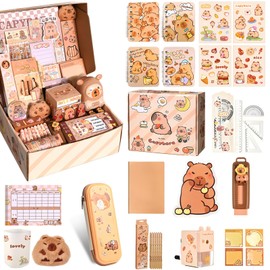 Mirrwin Capybara Stationery Set, Capybara Pencil Case Large with Pencils Stickers Rulers Pencil Sharpener Stationery Set for Children Suitable for Back to School and Gifts