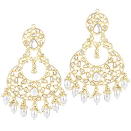 Aheli Traditional Pearl & Kundan Studded Dangle Chandbali Earrings Ethnic Fashion Jewelry Gift for Women White