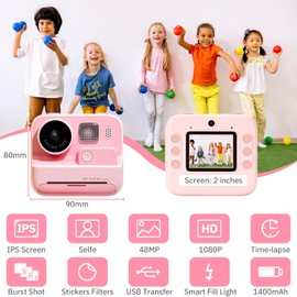 Kids Instant Print Camera Digital Camera for Kids with 2.0 Inch 1080P HD Screen, Kids Camera 48MP for Girls Boys Gifts with 32GB SD Card, 3 Rolls of Printing Paper, 6 Colored Pens (Pink)