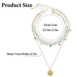 Gold Layereds Turquoise Necklace Multi Dainty Boho Western Long Country Necklace Trendy Summer Beach Bohemian Coin Pendant Necklaces Beaded Choker Country Concert Fashion Jewelry Cowgirl for Women