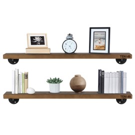 TEN49 Industrial Pipe Wood Wall Shelf - 36" Espresso Real Wooden Shelving - Modern Interior Decor Floating Shelves w/Iron Pipe Brackets - Rustic Farmhouse Style Bookshelf - Set of 2