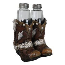 Ebros Rustic Western Fancy Silver Conchos Cowboy Boots With Spur In Faux Tooled Leather Salt and Pepper Shakers Holder Set Decorative Display Figurine for Kitchen Bar Countertop Accent