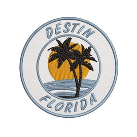 Destin, Florida Retro Vintage Sunset Beach Palm Tree Scene Embroidered Premium Patch DIY Iron-on or Sew-on Decorative Badge Emblem Vacation Souvenir Travel Gear Clothes Appliques Ocean Series