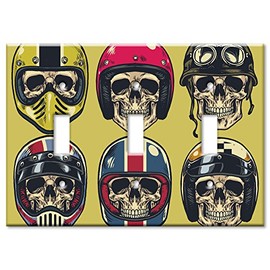 Art Plates - Triple Gang Toggle OVERSIZE Switch Plate - OVER SIZE Decorative Metal Wall Plate - Motorcycle Helmets - (Made in USA)