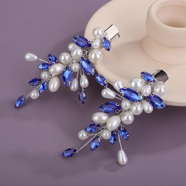 Teyglen 2Pcs Blue Rhinestone Hair Clips with Pearl Crystal Wedding Hair Barrette for Bride Wedding Hair Accessories Handmade Crystal Bridal Hair Clips Pins for Women (Blue)