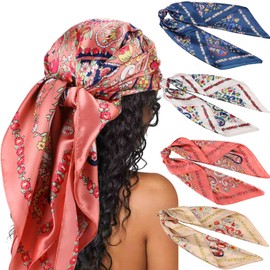 DRESHOW 4 Pack Large Square Satin Headscarves Hair Scarves Silk Accessories Classic Patterned Squares Beach Bandanas for Women
