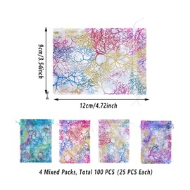 AIMALL 100PCS 4 Colors Mixed Coral Design Organza Drawstring Bags – 9 x 12cm Colorful Bronzing Coral Pattern Packaging Pouches for Christmas, Wedding, Jewelry, and Party Favors