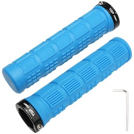 TOPCABIN Bike Grips Double Lock on Locking Bicycle Handlebar Grips Rubber Grips Cycle Bicycle Mountain Bike BMX Floding((Aluminum lock plug + Rubber Grips) Blue 1 Pair)
