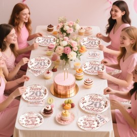 Grencian 96 Pcs 20th Birthday Party Supplies for Girls Rose Gold 20 Years Old Paper Plates and Napkins Tableware Set 20th Birthday Decorations for Girls Twenty Years Old Party Serves 24