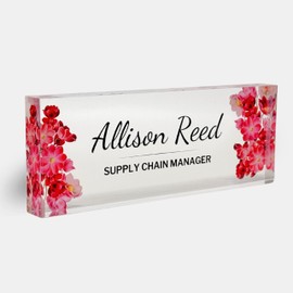 Customized Clear Acrylic Thick 8x3" Desk Name Plate Block - Professional Office Decor - Customized Acrylic Plate Gift for Teacher Co-workers (Blush Flowers)