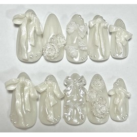 Rose White Ribbon Nail Tips - Please write in your request / 로즈 화이트 리본 네일팁 - 요청사항에 적어주세용