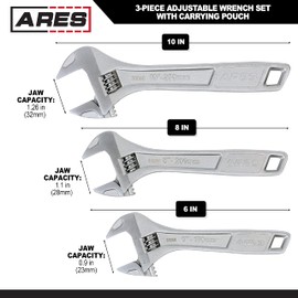 ARES 33062 – 3-Piece Adjustable Wrench Set – 6-Inch, 8-Inch, and 10-Inch Wrenches with Carrying Pouch - Drop Forged Chrome Vanadium Steel Construction – Wide Jaw Designs – SAE and Metric Size Markings