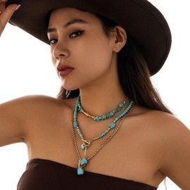 Xeyau Western Necklaces for Women Country Concert Outfits Jewelry Boho Turquoise Necklace Cowgirl Cowboy Layered Necklace Bohemian Vintage Country Accessorie (E-Gold)