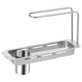 Telescopic Over Sink Organizer Rack, Stainless Steel Sink Storage Rack with Towel Hanger and Filter Bucket, Extendable Kitchen Caddy Drain Basket, Adjustable Sink Shelf Over Faucet Sponge Holder