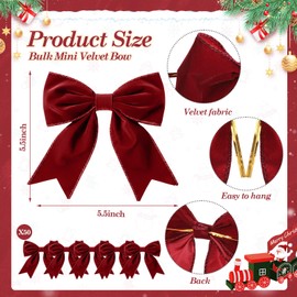 Yinkin 50 Pcs Red Christmas Velvet Bow Bulk for Decor, Wine Red