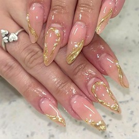 Almond Press on Nails Medium - 3D Gold Irregular Hot Stamping Pearls Designs, Nude Full Cover Fake Nails Press ons Acrylic Glossy Cute Stick on Nails for Women Girls 24 Pcs