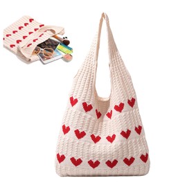 LINGJIA Woven Bag, Tote Bag, Women's Braided Bag, Handbag, Beach Bag, Shoulder Bag, Knitted Bag, Women's Knitted Bag, Summer Mesh Apricot Shopper, Love Knitting Bag, almond