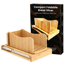 Bamboo Bread Slicer for Homemade Bread, Precision Bread Slicer with Adjustable Thickness Settings - Premium Quality | Bread Cutter for Homemade Bread | Foldable Bread Slicer with Crumb Catcher Tray