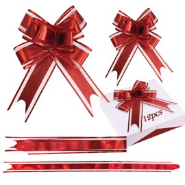 PAPU Pack of 12 Gift Bow with Gift Ribbon, Shiny, Large and Medium Gift Bows, Gift Ribbon, Pull Bow for Gifts, Bags, Sugar Bags, Decorating, Christmas (Red)