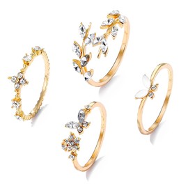 Set of 4 Gold Rings for Women, 14 Carat Gold-Plated Gold Rings, Stacking Rings, Cubic Zirconia, Finger Ring, Knuckle Rings, Thumb Rings, Waterproof Statement Ring, Gold Jewellery for Women and Girls