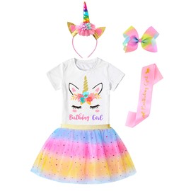Doctor Unicorn Girls Birthday Costume Outfit Set Pink Yellow Blue Tutu, Unicorn Shirt, Headband, Hair Bow & Birthday Sash Pink Yellow Blue/White Unicorn Flower Tshirt - 5-6 Years