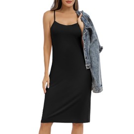 Vlazom Women's Full Slips, Soft Slinky Petticoat Ladies Long Nightdress Basic Underskirt for Women with Adjustable Straps Black,L