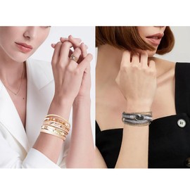 Rumnoke 3Pcs Leather Wrap Bracelet Set Multilayer Wrist Cuff Bracelets with Magnetic Clasp for Women Grey Crystal