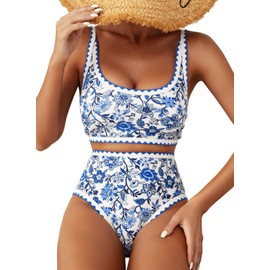 Herseas Women's Bikini Sets Floral Print Whip Stitch 2 Piece Modest Swimsuits High Waisted Scoop Padded Blue Bathing Suits X-Small