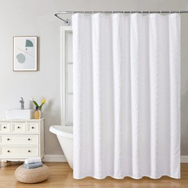 Gibelle White Shower Curtain for Bathroom, 3D Embossed Geometric Textured Fabric Shower Curtain Set with Hooks, Modern Farmhouse Elegant Design, Hotel Quality, 72x72