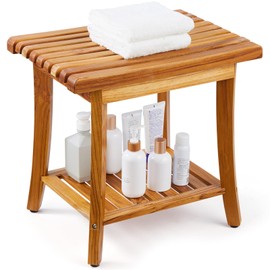 VEVOR Teak Shower Bench, 20in Waterproof Wood Shower Stool with Storage Shelf Non-Slip Foot Pads, 400 lbs Load Capacity Shower Chair Seat, for Bathroom Indoor and Outdoor Use