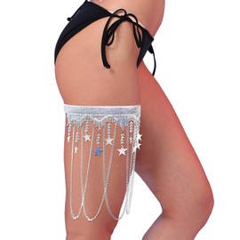 deladola Adjustable Leg Garter Rave Sparkly Star Leg Wraps Silver Tassel Sequin Thigh Garters Party Festival for Women (Silver Star)