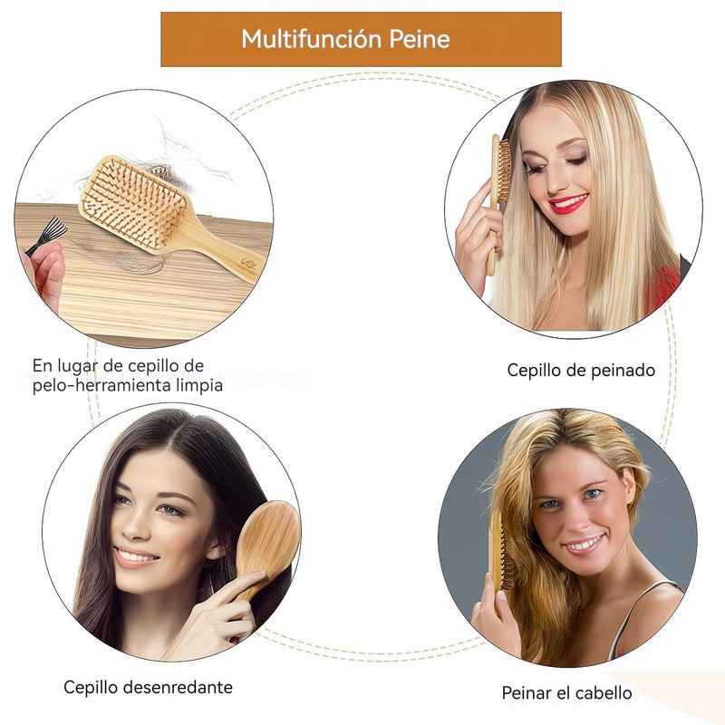 Juego de 4 Cepillos y Peines de Bambú para Cabello
