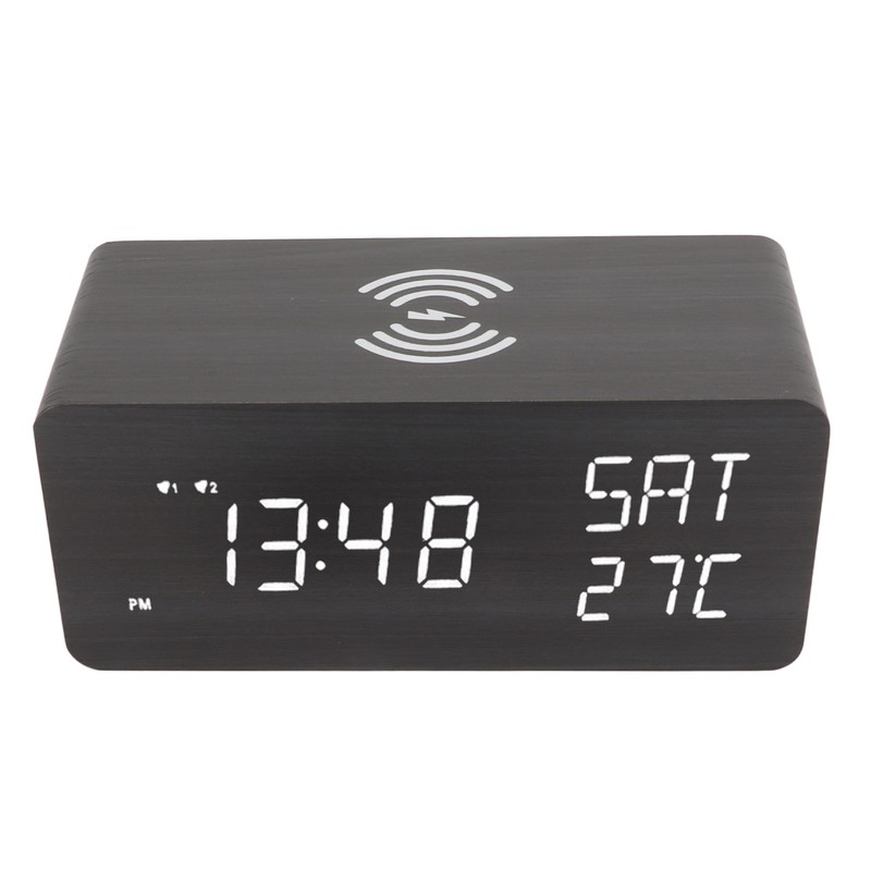 Wooden Digital Alarm Clock with Wireless Charging Black Adjustable Brightness