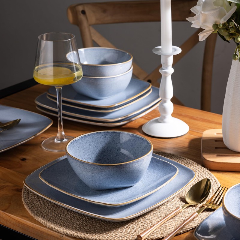 AmorArc Ceramic Dinnerware Sets for 4, 12 Pieces Square Handpainted