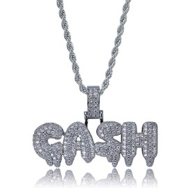 MoCa Micropave Simulated Iced Out Bling Dripping Letters Savage Pendant with Rope Cuban Link Chain Hip Hop Necklace (Cash-Silver)