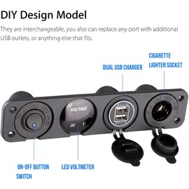 Dual USB Socket Charger Switch Panel - LED Voltmeter, 12V Power Outlet, ON-OFF Toggle Switch 4 in 1 Panel for Truck Trailer Camper Motorhome Marine Car Boat Mobiles (Blue)