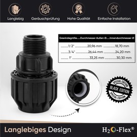 H2O-Flex® Black Edition 20 PP Fitting with 1/2 Inch Male DVGW Clamp Connector 20 PE Screw Connection with 1/2 Inch Male Thread for 20 mm PE Pipe Screw Connection Adapter
