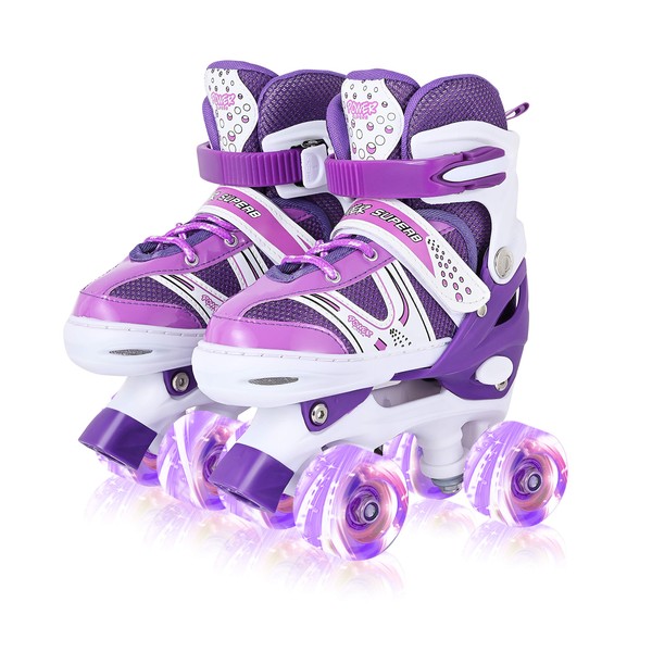 Roller Skates for Kids, Adjustable Size Double Roller Skates, with All Wheels Light up, Fun Illuminating for Girls Boys for Kids, Rollerskates for Kids Beginners, Medium（2-5）, Purple