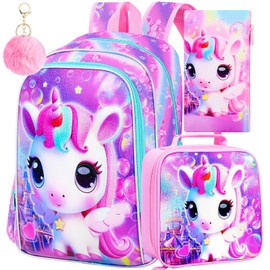 KLFVB 3PCS Unicorn Backpack, Water Resistant Kids Bookbag with Lunch Box for Girls, 16" Preschool Backpacks for Elementary - Small Unicorn