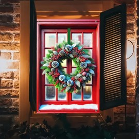 BlissYard Christmas Window Decorations 32x47 Inch Christmas Window Cover Lush Wreath Frosted Pinecones Red Berries Classic Door Whimsical Windows Silhouette for Indoor Outdoor Holiday Party Decor