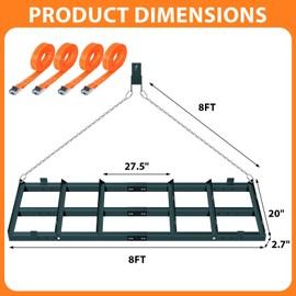 YXJSTO 8FT Drag Harrow Driveway Grader, Driveway Drag with 6 FT Chain, Heavy Duty Power Rake for Gravel, Sand, Lawn, Soil, Hay, ATV, UTV, Mower, Tractor
