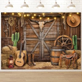 Humkat Western Cowboy Backdrop Banner, 10X8FT Wild West Rustic Wooden Barn House Photography Background for Western Party Decoration, Rodeo Backdrop for Kid Birthday Party, Reusable and Washable